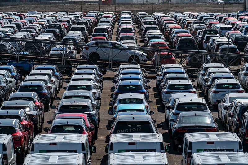 Car terminal in the Logport I inland port, in Duisburg on the Rhine, vehicle handling of new cars, storage area, North Rhine-Westphalia, Germany, Europe