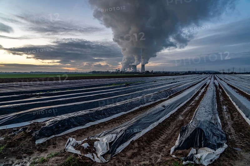 Neurath lignite-fired power plant, near Grevenbroich, power plant units F and G, A-E, asparagus fields already planted in December, asparagus ridges for the early harvest, thick water vapour cloud from the cooling towers in winter, near Grevenbroich, still running until 2024 to secure energy supply, North Rhine-Westphalia, Germany, Europe