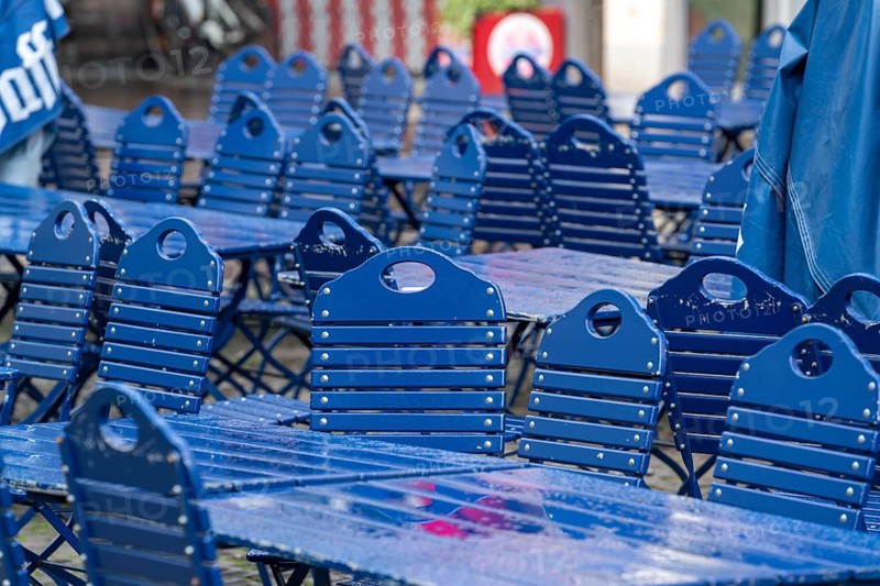 Catering, blue chairs and tables in a beer garden, outdoor catering, empty, closed