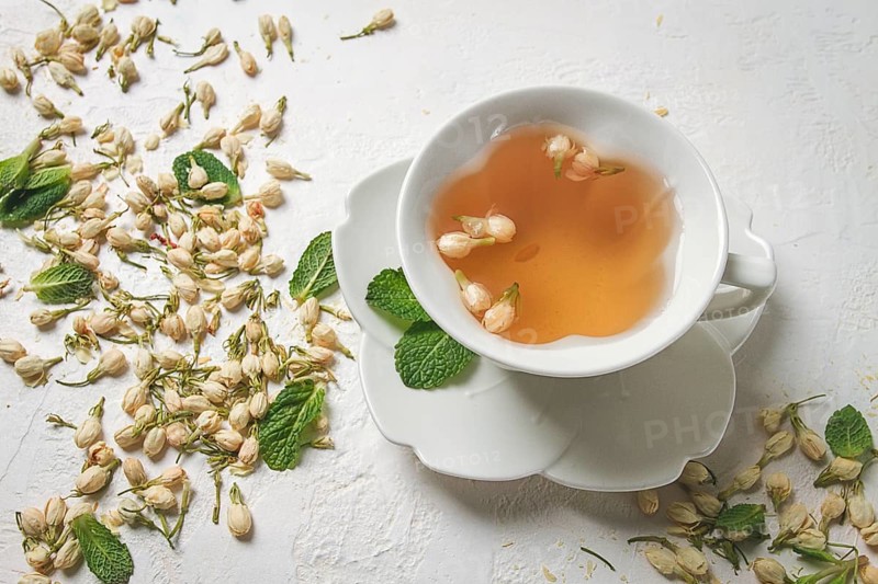 Jasmine Tea, drink, Jasmine flowers, dry, herbal, tea, top view, no people