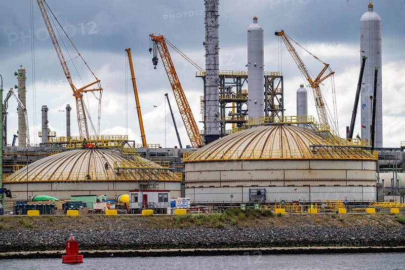 New building, construction site, of a bio-refinery of the Finnish oil company Neste, here, among other things, sustainable bio aviation fuels are to be produced, construction site in the harbour Maasvlakte 2, in Rotterdam, Netherlands
