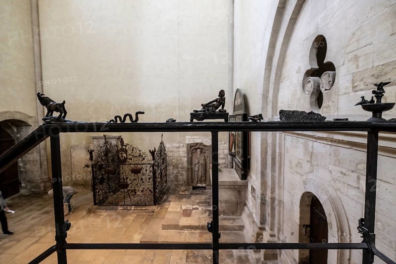 Metal figures on the banister leading to the gallery in Naumburg Cathedral, Saxony-Anhalt, Germany, Europe