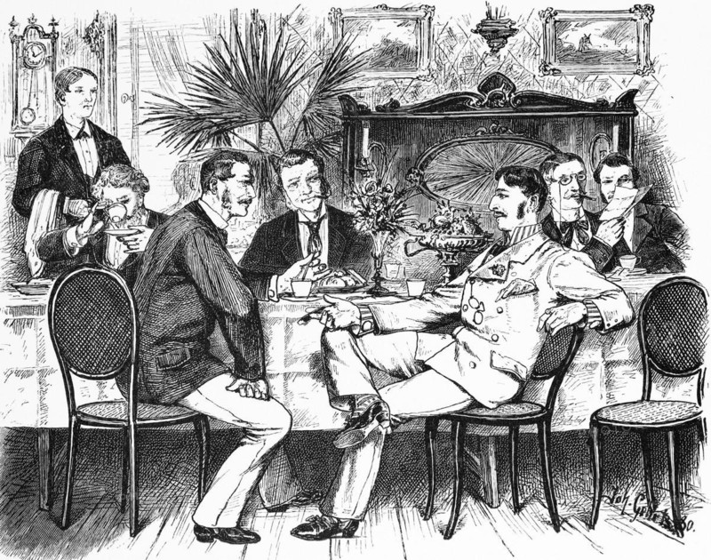 Uncles, gentlemen's company, at afternoon coffee, Flensburg, Schleswig-Holstein, interior, men, drinking coffee, monocle, company, cosiness, meeting, café, custom, piano, cultivated, distinguished, waiter, mural, palm tree, Germany, historical illustration 1880, Europe