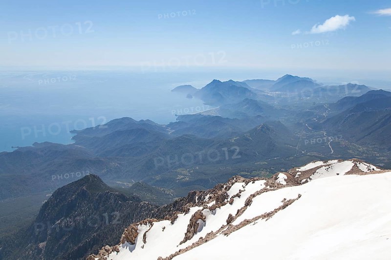 View of the Turkish Riviera from the snow-covered TahtalÄ± DaÄŸÄ±, Turkey, Asia