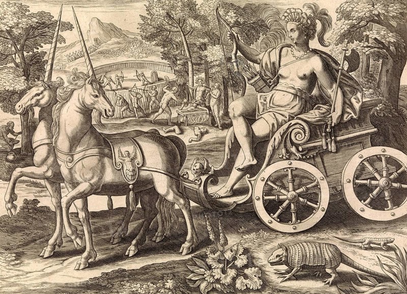 America from the four continents. Date, 16th century, by Julius Goltzius, Historical, digitally restored reproduction from a 19th century original, Record date not stated