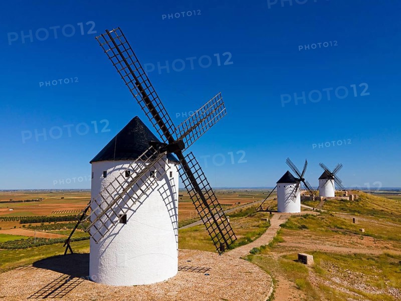 Traditional windmills in an open field under a clear blue sky, Mills, Alcazar de San Juan, PaÃ­s de Quijote, Ciudad Real, Castilla-La Mancha, Spain, Europe