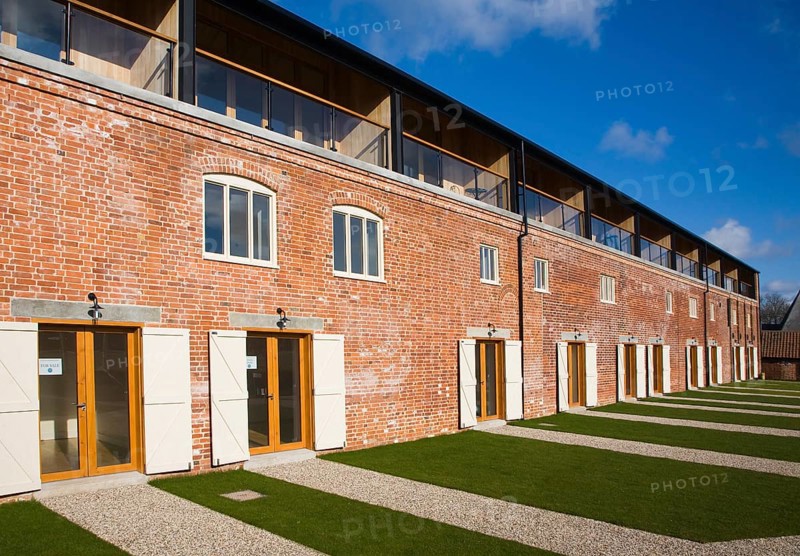 Luxury housing development of Iken View in former industrial buildings at Snape Maltings, Suffolk, England, United Kingdom, Europe