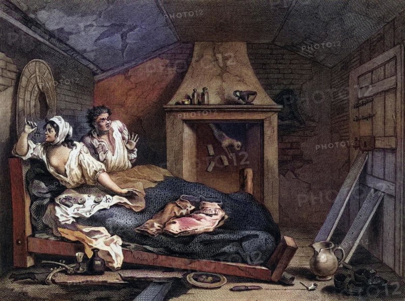 Industry and Idleness The idle prentice returned from sea and in a garret with a prostitute From the original design by Hogarth from The Works of Hogarth published London 1833, Historisch, digital restaurierte Reproduktion von einer Vorlage aus dem 19. Jahrhundert, Record date not stated
