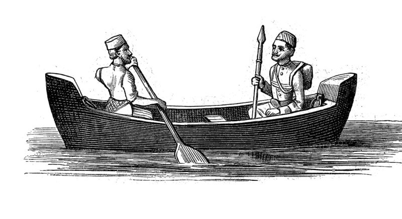 East Indian postal officials in a rowing boat, illustration from 1880, India, Historical, digital reproduction of an original from the 19th century, Asia