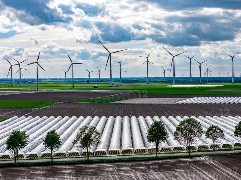 Agriculture, large areas with foil tunnel, for the cultivation of strawberries, freshly cultivated fields, wind farm, south of Lövenich, belongs to Erkelenz, in the district of Heinsberg