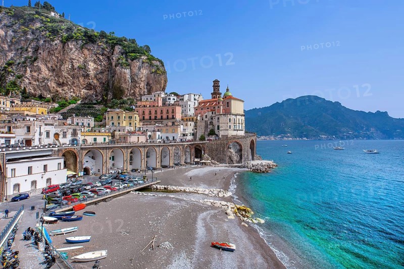 Waterfront of the village with beach, Atrani, Amalfi Coast, Amalfitana, Campania, Italy, Europe