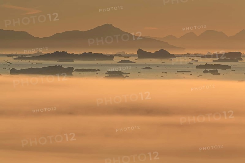Icebergs in the fog, midnight sun, summer, Ilulissat, Ilulissat Icefjord, Disko Bay, West Greenland, Greenland, North America