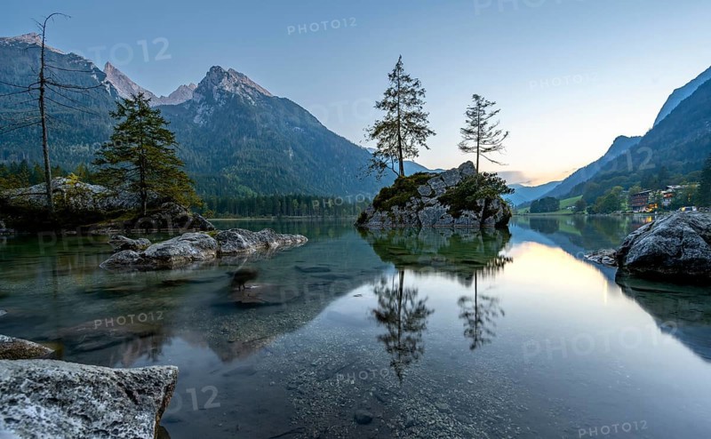 Hochkalter reflected in Hintersee, at sunset, Berchtesgaden National Park, Ramsau, Upper Bavaria, Bavaria, Germany, Europe