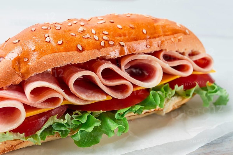 Sandwich submarine, on a white table, close-up, no people, horizontal, homemade
