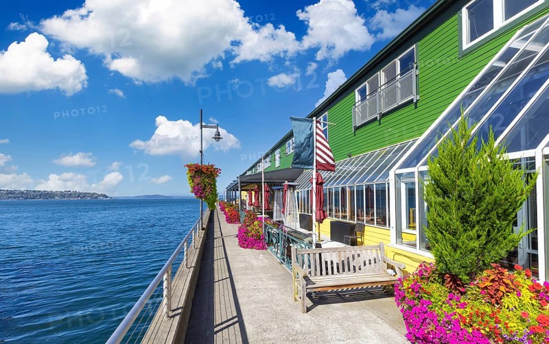 Panoramic view of Seattle Bell Harbor Marina and Seattle harbor piers and restaurants