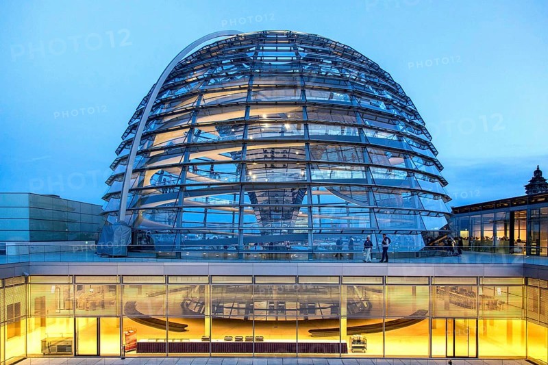 Visitors on the roof of the Reichstag, view of the Reichstag dome, Berlin, 21 May 2014