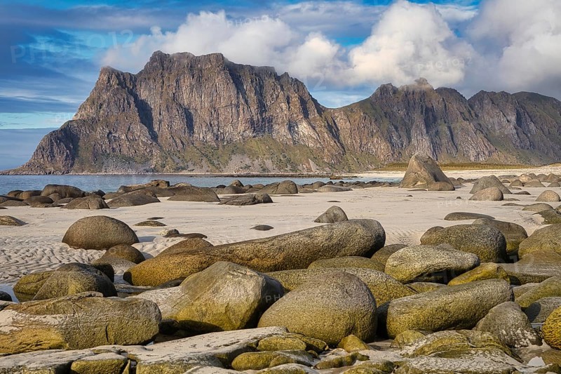 Large stones on Uttakleiv beach, Leknes, Nordland, Lofoten, Norway, Europe