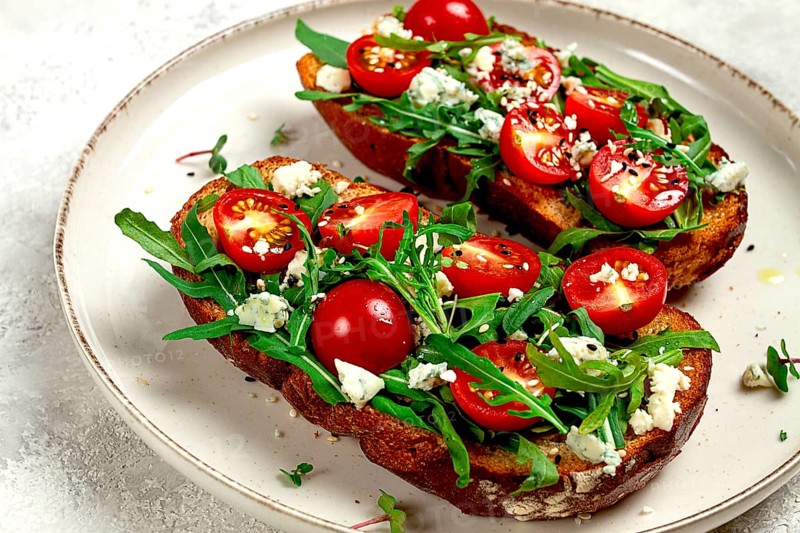 Arugula sandwiches and cherry tomatoes, cheese with mold, breakfast, snack, homemade
