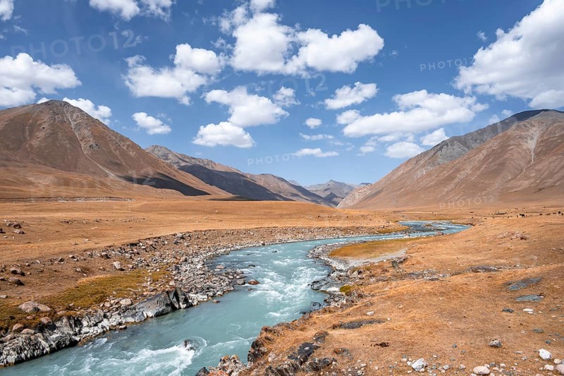 Burkhan valley with blue river, mountain landscape with golden meadows, Terskey Ala-Too, Tien Shan, Issyk Kul province, Kyrgyzstan, Asia