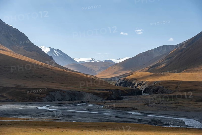 Burkhan valley with river, mountain landscape with golden meadows, Terskey Ala-Too, Tien Shan, Issyk Kul province, Kyrgyzstan, Asia