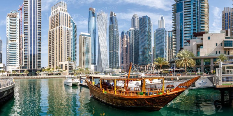 Dubai Marina skyline skyscrapers waterfront buildings panorama in Dubai, United Arab Emirates, Asia