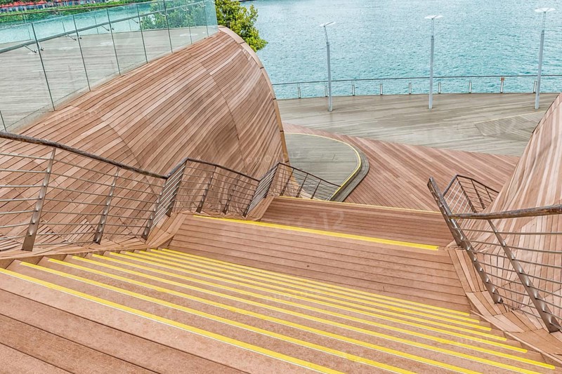Decorative wooden stairs near the waterfront, Singapore, Asia