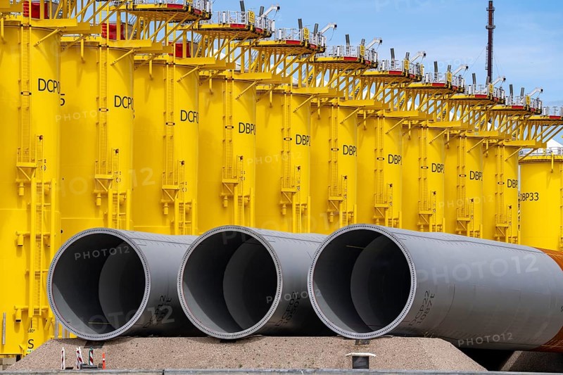 SIF Offshore Foundaitons, production of foundations, monopiles, for offshore wind turbines, the wind turbines are assembled on these pipes, which are installed in the seabed at a depth of up to 60 metres, production plant in the seaport of Rotterdam, Maasvlakte, Rotterdam Netherlands