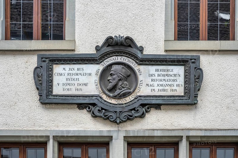 Relief with portrait of Jan Hus on the façade of a medieval house, now the Jan Hus Museum, in the old town centre of Constance, where the Bohemian church reformer spent his last days in freedom. Jan Hus was sentenced to death by burning on 6 July 1415 and executed in Constance. District of Constance, Baden-Württemberg, Germany, Europe