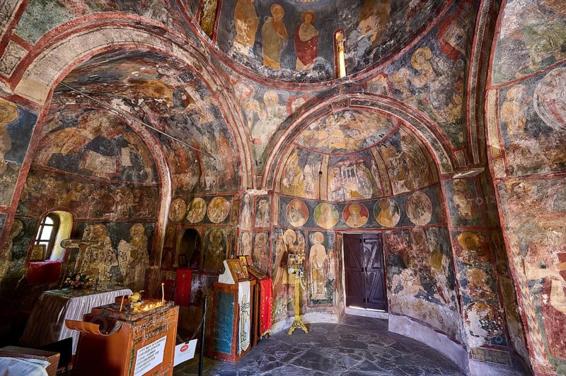 The interior of an old church with religious wall paintings, Byzantine chapel Agios Nikolaos Foundoukli, between Eleousa and Profitis Ilias, Rhodes, Dodecanese, Greek Islands, Greece, Europe