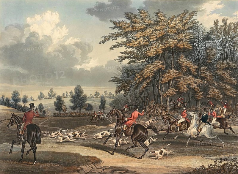 Foxhunt in England, 1840, Historical, digitally restored reproduction from a 19th century original, Record date not stated