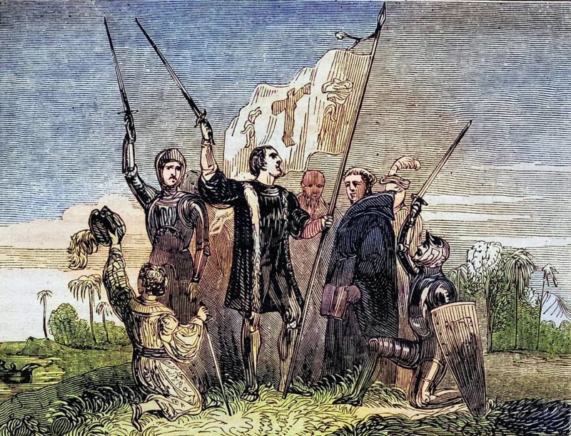Columbus takes possession of America, Christopher Columbus, 1451-1506, Spanish explorer and discoverer of America, Historical, digitally restored reproduction from a 19th century original, Record date not stated