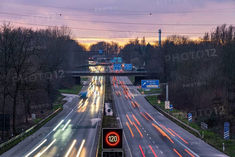 Motorway A40, Ruhrschnellweg, near Bochum, dense evening traffic, in front of the motorway junction Bochum, A43, view in west direction, North Rhine-Westphalia, Germany, Europe
