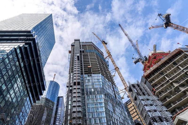 Construction site of the FOUR construction project, 4 high-rise towers at RoÃŸmarkt in Frankfurt am Main, will be up to 228 metres high, with 59 storeys, for use as office buildings, flats, hotels and restaurants, Hesse, Germany, Europe