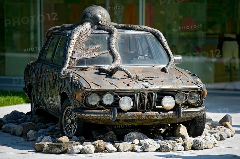 Former BMW 250cs by Lothar-Günther Buchheim, car under water with octopus, underwater, sculpture by Siegfried Ulmer, Museum der Phantasie, Bernried am Starnberger See, Upper Bavaria, Bavaria, Germany, Europe