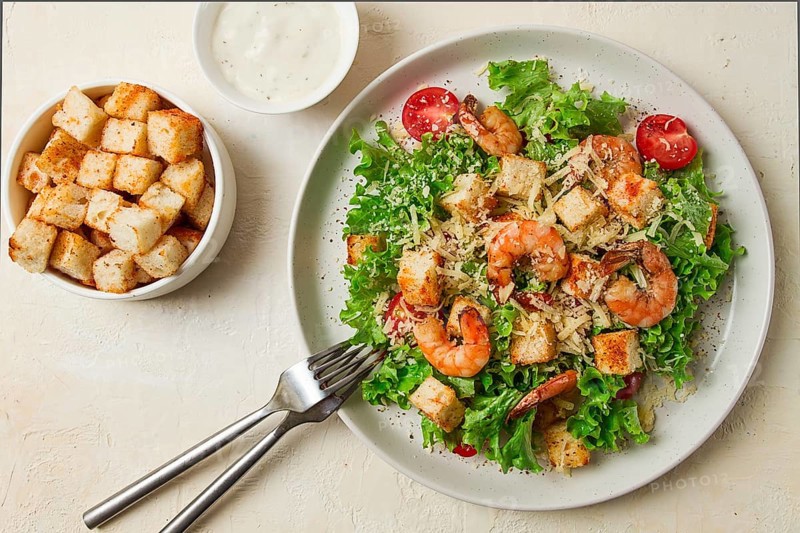 Caesar salad, with shrimp, on a white background, homemade, no people