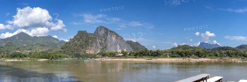 Panorama over the Mekong at the Pak Ou Caves, Luang Prabang Province, Laos, Asia