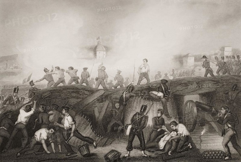 During the siege of Ciudad Rodrigo on 20 January 1812, the Anglo-Portuguese army under Arthur Wellesley wrested the city of Ciudad Rodrigo from its French occupation under Général de brigade Baron Barrié after a siege that had begun on 7 January, Historic, digitally restored reproduction from a 19th century original, Record date not stated