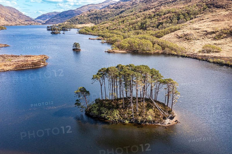 Aerial view of lake Loch Eilt with island Dumbledore's Grave, Harry Potter film location, scottisch highland, Scotland, UK