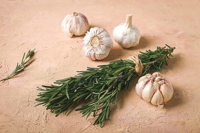 Fresh bunch of rosemary with garlic, on a beige background, food concept
