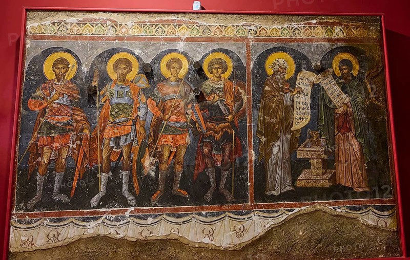 Medieval fresco depicting saints and apostles, all with glowing halos and textual writings on mounts, Inside the monastery, Agiou Theologou Monastery, Chora, Patmos, Dodecanese, Greek Islands, Greece, Europe