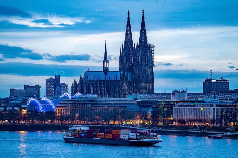 Skyline of Cologne, with the cathedral, Musical Dome theatre, on the Rhine, North Rhine-Westphalia, Germany, Europe