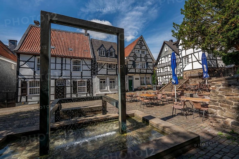 The old town centre of Essen-Kettwig, Ruhrstrasse, Weberbrunnen, Essen North Rhine-Westphalia, Germany, Europe