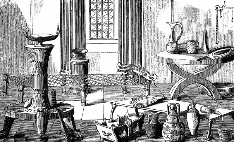 Etruscan household objects, interior, curtains, table, vases, earthenware vessels, jug, fire selle, Etruscans, Roman Empire, historical illustration 1880