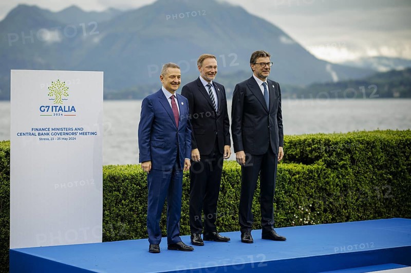 G7 Finance Ministers Meeting in Stresa. Christian Lindner (FDP), Federal Minister of Finance, is welcomed by the Italian Minister of Finance, Giancarlo Giorgetti (RE) and the head of the central bank, Fabio Panetta, Stresa, 24 May 2024. Photographed on behalf of the Federal Ministry of Finance