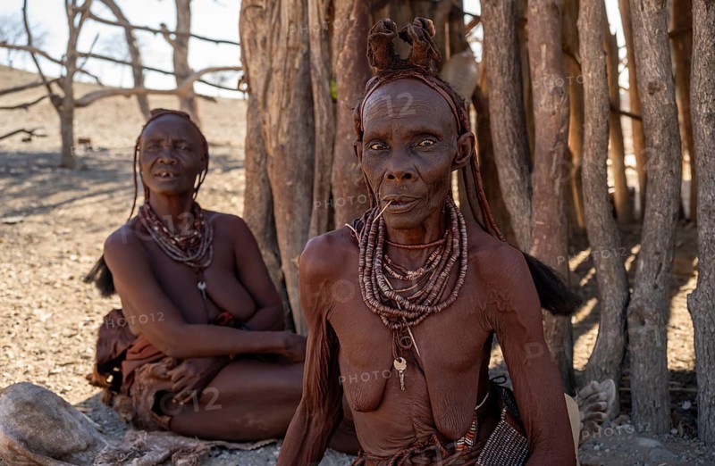 Old married Himba woman with traditional headdress in front of a hut, near Opuwo, Kaokoveld, Kunene, Namibia, Africa