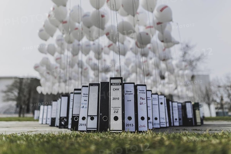 File folders stand in front of the Federal Chancellery as part of a protest action by the German Confederation of Skilled Crafts in Berlin, 26 February 2024. The German Confederation of Skilled Crafts demonstrates against the economic policy of the Federal Government as well as the high level of bureaucracy and the improvement of location conditions