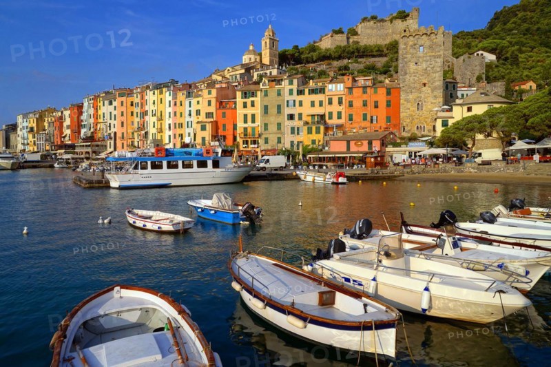 Italy, View of the harbour and the town of Porto Venere, Porto Venere, Italy, Europe