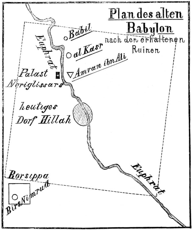 Plan of ancient Babylon on the Euphrates, preserved ruins, palace, village of Hillah, Babylonia, Orient, Iraq, historical illustration 1880, Asia