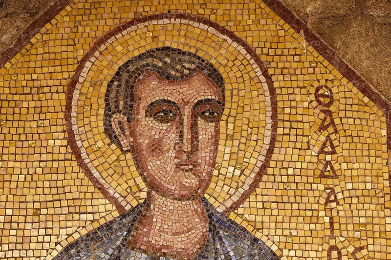 Monastery of Our Lady of Mount Filerimos, Detailed mosaic of a holy figure with a halo showing religious art, Filerimos, hill not far from Rhodes Town, Ancient State of Ialyssos, Rhodes, Dodecanese, Greek Islands, Greece, Europe