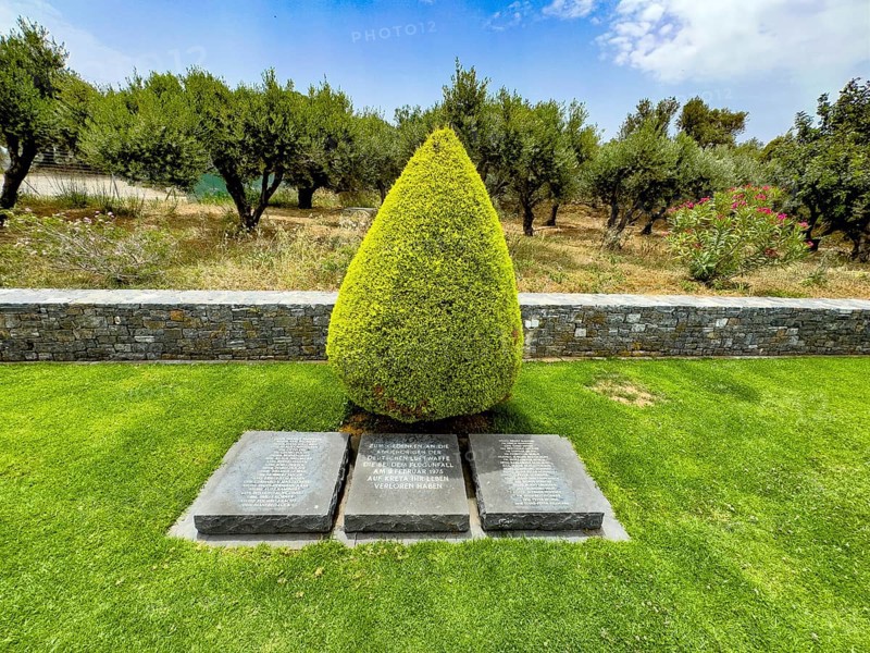 Memorial site Place of remembrance with three memorial plaques at the German military cemetery in Maleme with names of the crew of the aircraft that crashed on Crete in 1975 and the German soldiers who died in the crash, Maleme, Crete, Greece, Europe